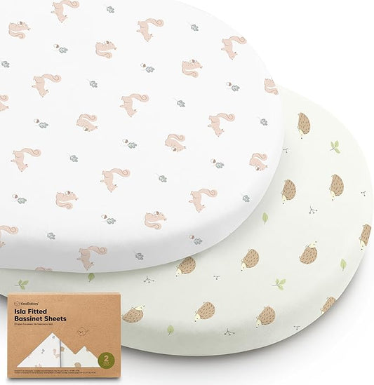 2-Pack Baby Bassinet Sheets Girl, Boy - 33x17 Viscose Derived from Bamboo Bedside Mattress Fitted Bassinet Sheets, Compatible with Halo Bassinest Swivel Sleeper, Baby Delight, Graco(Nibbles/Bruce)