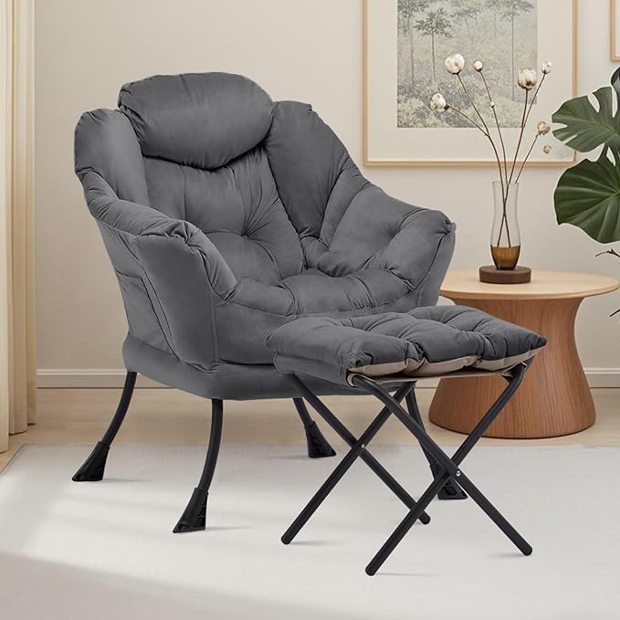 Lazy Chair with Ottoman, Comfy Reading Chair, Darkgrey | Cushioned Seat with - Image 2