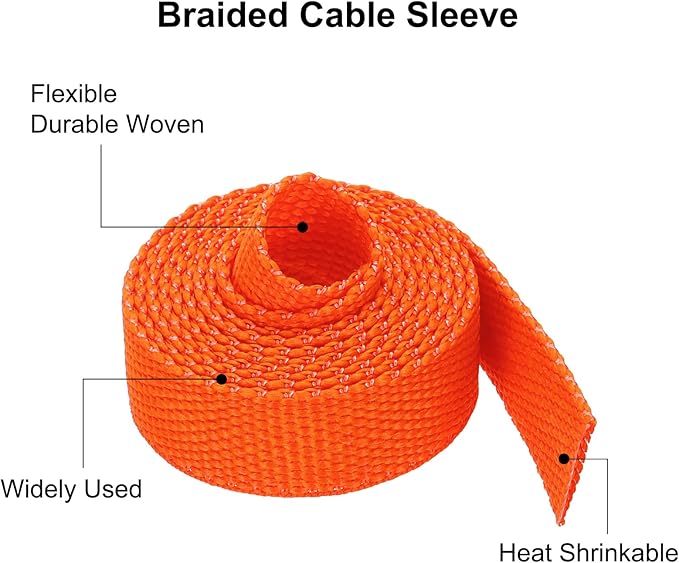 MECCANIXITY Braided Cable Sleeves Heat Shrinkable Fabric Sleeving, 5/16" 3ft Orange 2:1 Ratio Heat Shrinkable Cord Protector for Harness Cable, Network Cable Protection, Cable Management