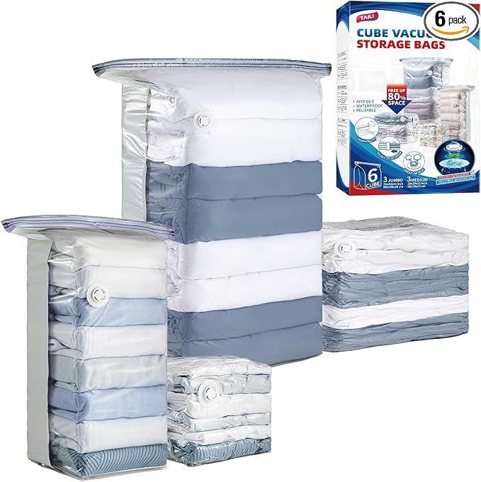 TAILI 6 Pack Vacuum Storage Bags, Cube Combo, Cream | Vacuum Seal Bags by TAILI