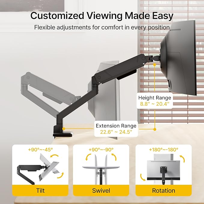 monTEK Single Monitor Arm for Max 45 Inch Ultrawide Screens Adjustable Monitor Desk Mount Holds 35 Lbs Cable Management with Clamp/Grommet Desk Mount, VESA 75/100mm, MA1007BK