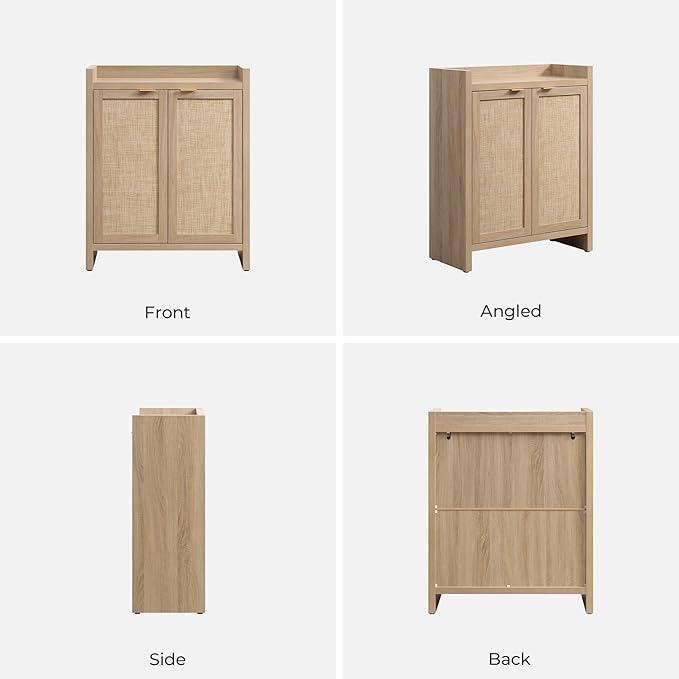 SICOTAS Shoe Cabinet Set of 3, Large Capacity Shoe Storage Organizer Cabinet, Tall Rattan Shoe Cabinet with Doors and Shelves, 6-Tier Farmhouse Boho Wooden Storage Cabinet for Entryway, Light Oak