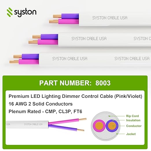 Syston Cable Technology 16/2 LED Lighting Dimmer Dimming Luminaire Control Wire Cable, 16 AWG 2 Conductors Solid Bare Copper Unshielded Plenum Rated CMP CL3P FT6, for Ballast Wiring and Connection