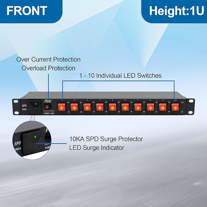 ThePoEstore 10 Outlets 1U Horizontal PDU Network Rackmount Power Strip with Surge Protector, (SPD-10KA) 100-240V,15A 3600 Joules, w/10 LED Switches and 6ft 14 AWG Cord
