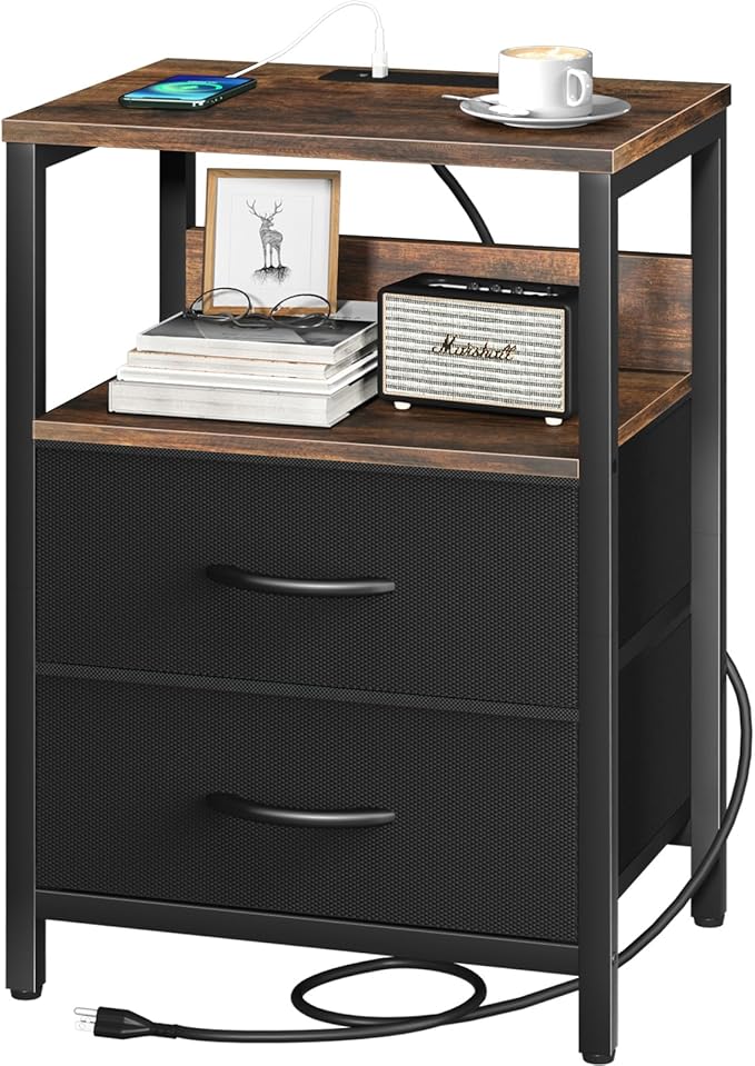 Yoobure Nightstand with Charging Station, Small Night Stand with Fabric Drawers by Yoobure