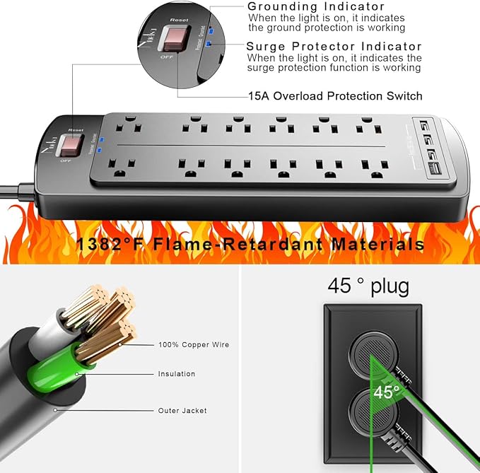 Power Strip, Nuetsa Surge Protector with 12 Outlets and 4 USB Ports, 6 Feet Flat Plug Extension Cord (1875W/15A) for for Home, Office, Dorm Essentials, 2700 Joules, ETL Listed (Black)