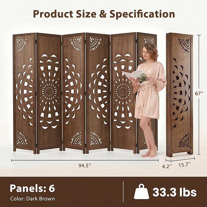 6 Panel Room dividers, 66.9" Boho Double-Sided Carved Screen, Freestanding - Image 6