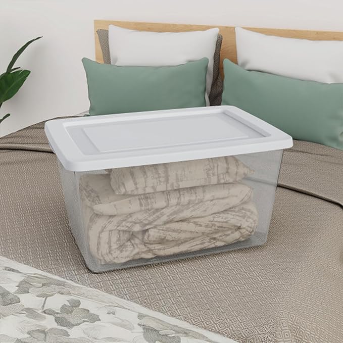 Sterilite 24 Pack Storage Box, 58 Quart Stackable Tote, Clear Plastic Container with Secure Snapping Lids for Home and Office Organization, White