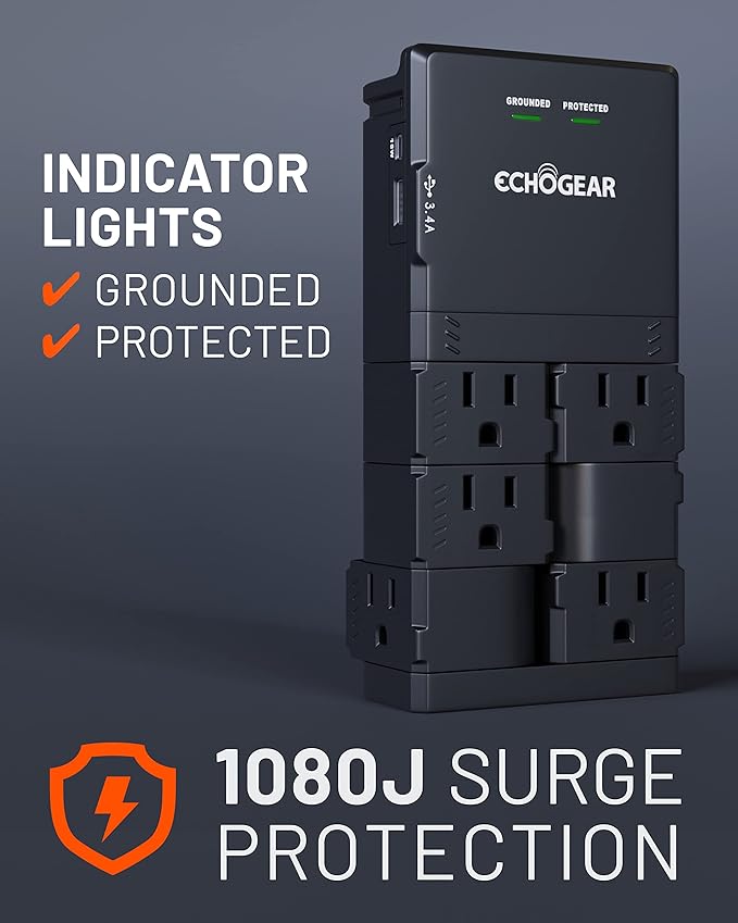 ECHOGEAR Wall Outlet with Surge Protection - Power & Protect 8 Devices with 6 Rotating AC Plugs & 2 USB Ports - Includes 1x USB-C Port & 1x USB-A Port - Black