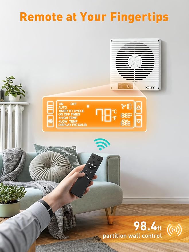 Xcity 8-Inch Room to Room Fan, Through-the-Wall Air Transfer Fan with Remote, 10-Speed Temperature Control, Quiet Reversible Airflow Ventilation for Bedroom, Kitchen & Laundry
