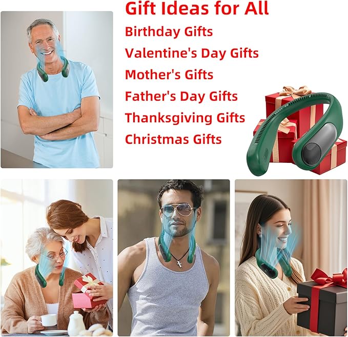 Portable Neck Fan,Personal Wearable Bladeless Fan,LED Display,4-Speeds,6000mAh USB Rechargeable,360° Strong Cooling Wind,Hands Free,White Elephant Gift,Christmas Gifts for Men Women (Dark green)