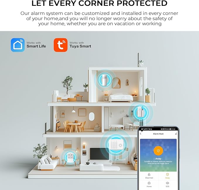 PGST Home Security Alarm System,Smart Home Alarm System with Door/Motion Sensors,GSM 4G/Tuya APP Alerts,Compatible with Alexa and Google Assiatant for Home,Villa,Kids Safety