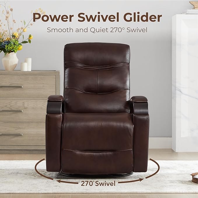 CHITA Genuine Leather Power Swivel Glider Rocker Recliner, FSC Certified Mid Century Modern Recliner Chair for Adults, Adjustable Power Headrest, for Nursery and Living Room, Cognac Brown