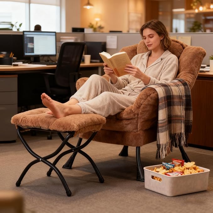 Welnow Lazy Chair with Ottoman, Reading Chair with Footrest, Plush Brown | A - Image 8