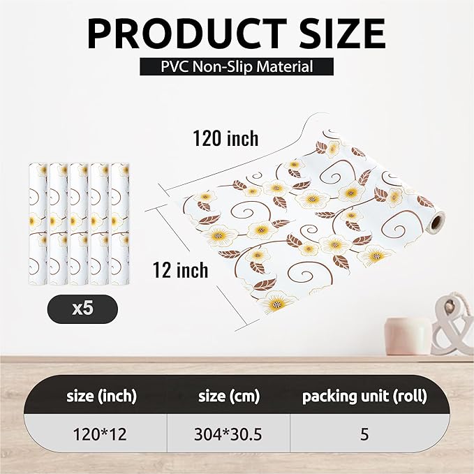 RAY STAR 12X120 Inch Shelf Liner for Kitchen Cabinets, Non-Adhesive Cabinet Liner Washable, PVC Drawer Liner for Dresser Non-Slip Bathroom (Yellow Flower)(5 Roll)