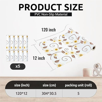 RAY STAR 12X120 Inch Shelf Liner for Kitchen Cabinets, Non-Adhesive Cabinet Liner Washable, PVC Drawer Liner for Dresser Non-Slip Bathroom (Yellow Flower)(5 Roll)