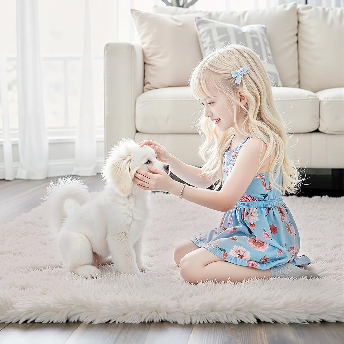 5x8 Cream Shag Area Rug for Living Room, Fluffy Plush Carpet | Non-Slip Large - Image 2