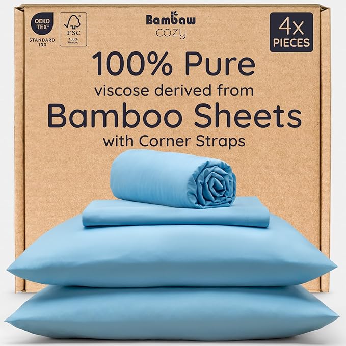Bambaw 4pcs King Size Sheets Set – 100% Viscose Derived from Bamboo Sheets, Cooling Sheets King Size Deep Pocket Fits Up to 16'' with Elastic Corner Straps, Super Soft (Dream Blue)