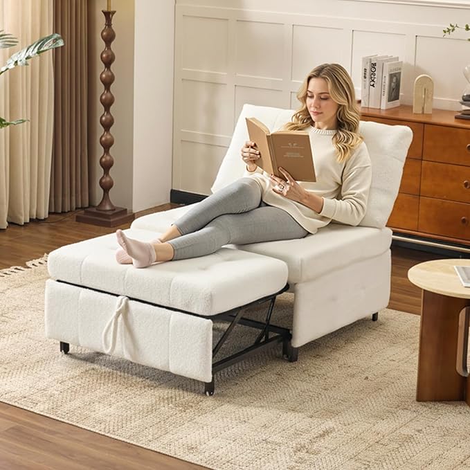 VINGLI Convertible Sofa Bed Tufted Teddy Fleece Sleeper Chair Bed Couch Armless - Image 2