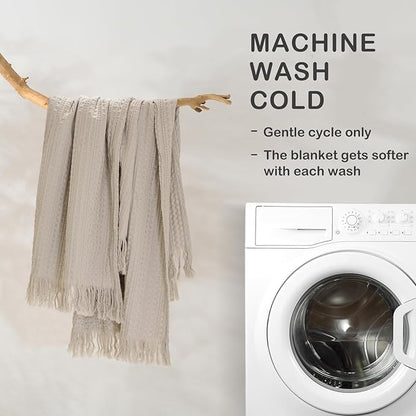 100% Cotton Waffle Blanket with Fringe, Pre-Washed Waffle Weave Blanket for All Season, Lightweight Breathable Soft Cozy Throw Blanket for Couch, Bed, Travel (Beige - 66x90 Inches)