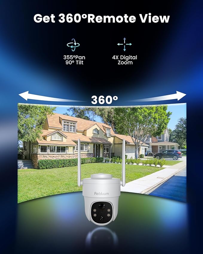 Rebluum Security Camera Outdoor Wireless, 3K/5MP Solar Camera Outdoor Wireless, Battery Powered 360°PTZ, Color Night Vision,PIR Motion Detection,2-Way Audio,Compatible with Alexa