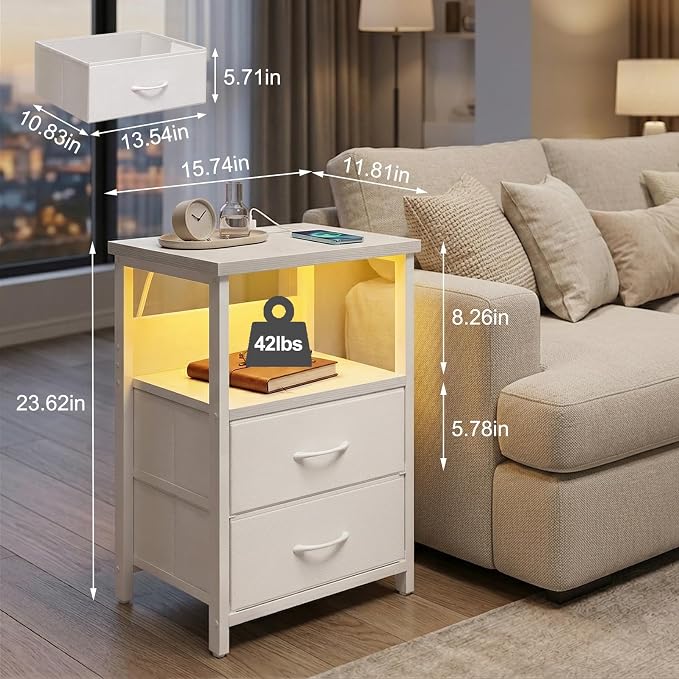 Fixwal Night Stand with Charging Station, 2 Drawers | fabric drawer, built-in - Image 3