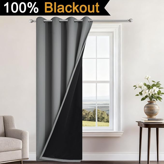 Yakamok Grey 100% Blackout Patio Door Curtain Panels W70x L84, 1 Panel | Noise - Image 2