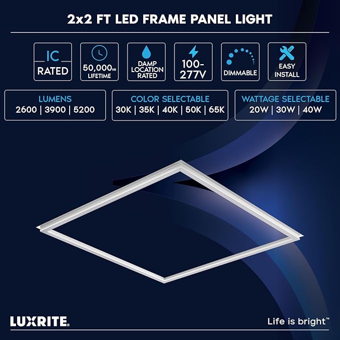 LUXRITE 2x2 FT Edge-Lit Frame LED Panel Lights, 5CCT Selectable 3000K-6500K, 2600/3900/5200LM, 20W/30W/40W Switch, Grid Drop Ceiling Lights, 0-10V Dimmable, Damp Rated, 100-277V, ETL Listed (4 Pack)