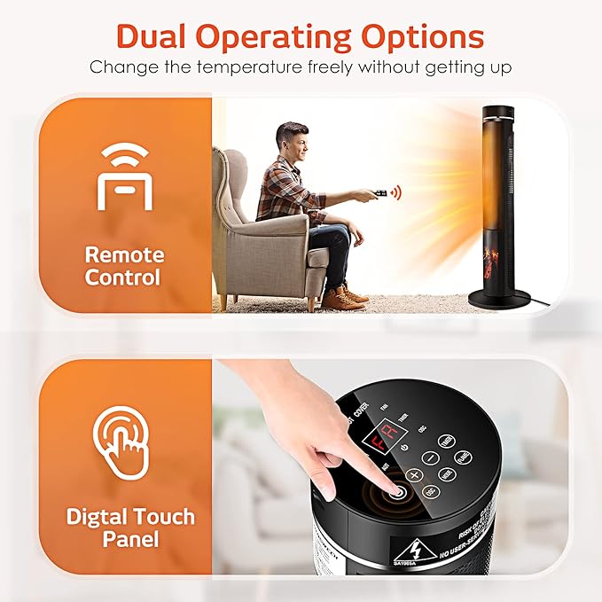 Air Choice 36" Tower Space Heater for Large Room, 1500W PTC Electric Fireplace Heater, Adjustable Thermostat, 4 Modes, 3D Flame,12H Timer, Oscillation, Remote, Heater for Indoor Use, Bedroom, Office