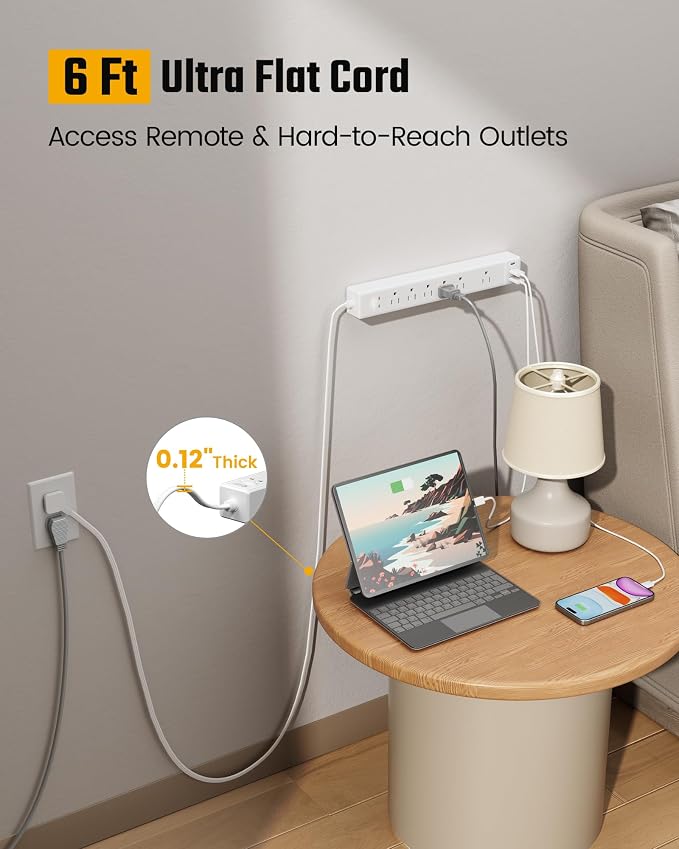2 Pack 6Ft Extension Cord, SUPERDANNY Flat Plug Surge Protector Power Strip | - Image 4