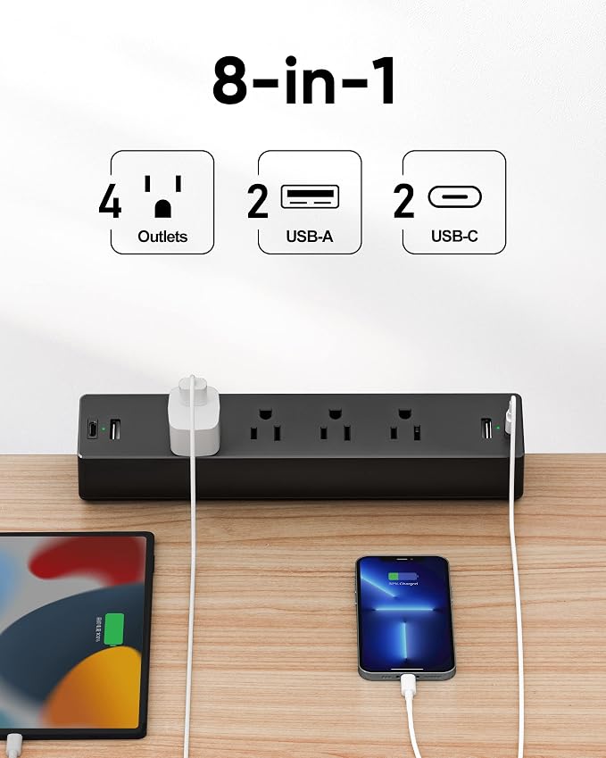 Desk Clamp Power Strip, 4 AC Outlets 4 USB Ports, Fit 1.7'' Tabletop Edge | PD - Image 2