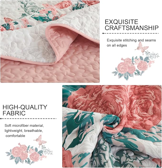 Yiran Pink Floral Quilt Set Queen Summer Botanical Bedspreads Bedding Set | 3 - Image 6