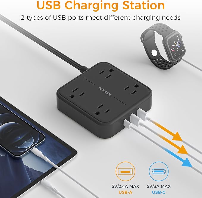 TESSAN Surge Protector Flat Extension Cord 10Ft, Flat Plug Power Strip | 4 - Image 6