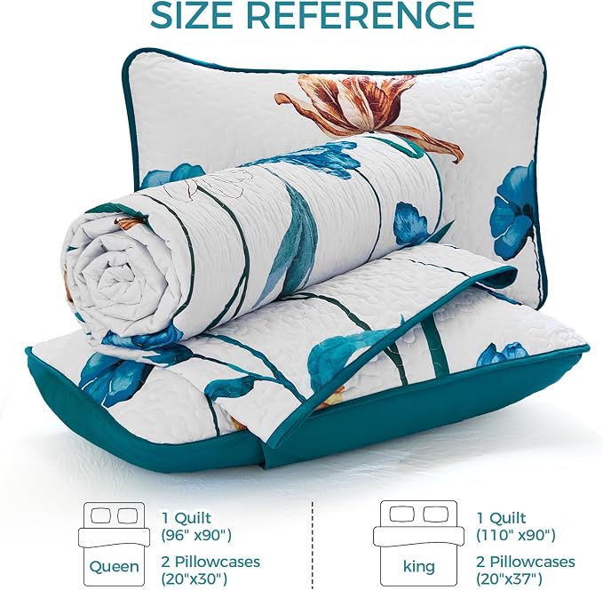 WONGS BEDDING Floral Quilt Set King, Shabby Chic Teal Floral Botanical Pattern - Image 6