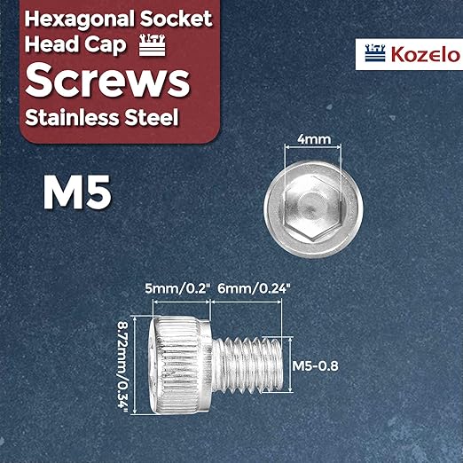 Kozelo 50pcs Socket Head Cap Screws - [M5-0.8 x 6mm] 304 Stainless Steel Allen Socket Drive for Electrical Motor 3D Printing Fan Engine Replacement Use, Silver
