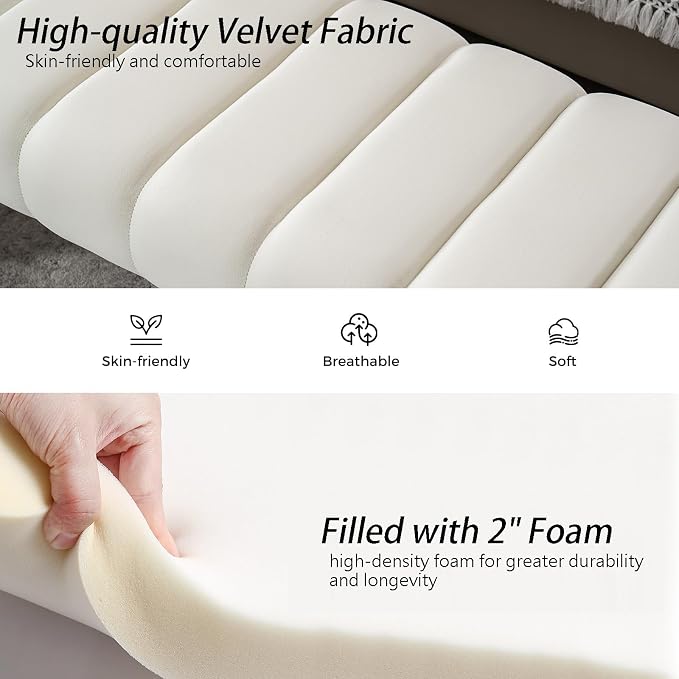 59" Velvet Bench for Bedroom King Size Bed Window End of Bed, Ivory White | - Image 7