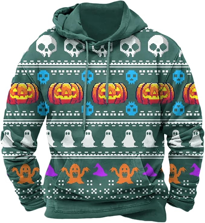 Halloween Hoodie Men Graphic Pumpkin Ghost Printed Sweatshirt Casual Trendy Long Sleeve Halloween Hooded Tops with Pockets