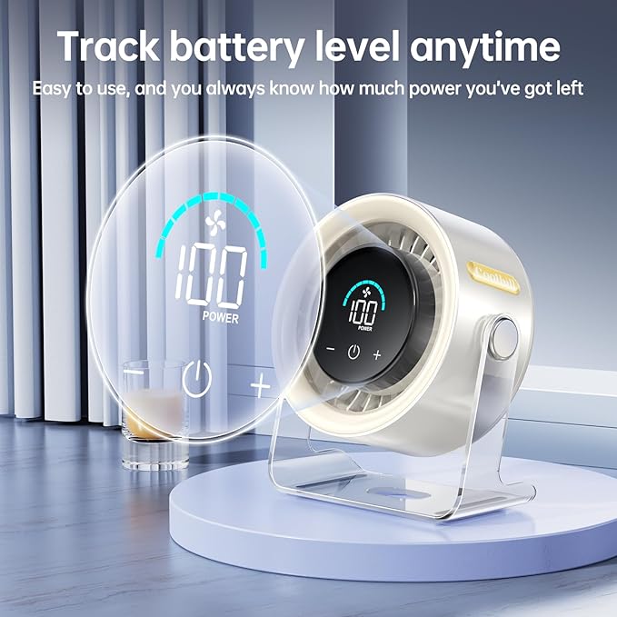 Coolhill USB Desk Fan for Bedroom: 100 Speeds Digital Display Quiet Table Fan with Turbo Airflow, 120° Rotating Small Rechargeable Battery Desktop Fans for Bedroom Home Office (White)