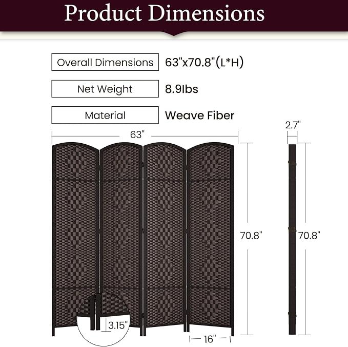 RHF Room Divider Panel, 4 Panel Partition Room Dividers Screen, Dark Mocha | - Image 3