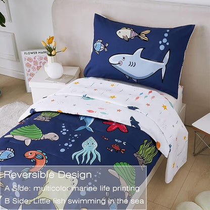 PERFEMET 4 Pieces Toddler Bedding Ocean Animal Printed Toddler Comforter Set Reversible Lightweight Cartoon Bed in A Bag for Toddler Boys Girls(Navy Blue, Sharks/Dolphins/Fish)