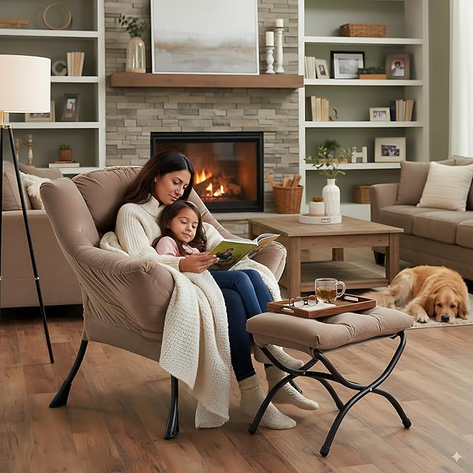 Lazy Chair with Ottoman, Comfy Accent Reading Chair, Dark Brown | Foldable - Image 7