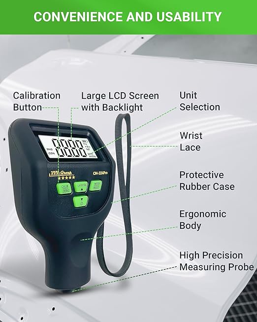 Paint Thickness Gauge CM-224Pro 2026 | Coating Thickness Meter Fe/Al/Zn | Auto Paint Depth Gauge Car Tester with High-Precision Probe, Multi-Unit Display & Auto Calibration