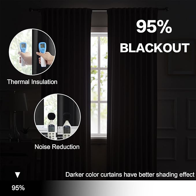 Black Blackout Curtains 102 Inches Long 2 Panels, Back Tab & Rod Pocket Thermal - Image 6