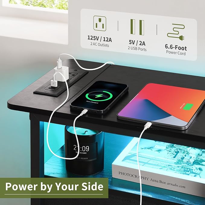 Yoobure End Table with Charging Station, LED Narrow Side Table Bedside Table - Image 5
