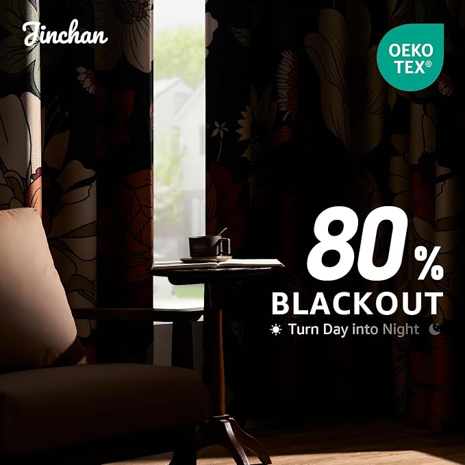 jinchan Black Boho Floral Blackout Curtains 96 Inch Grommet 2 Panels | Room - Image 4
