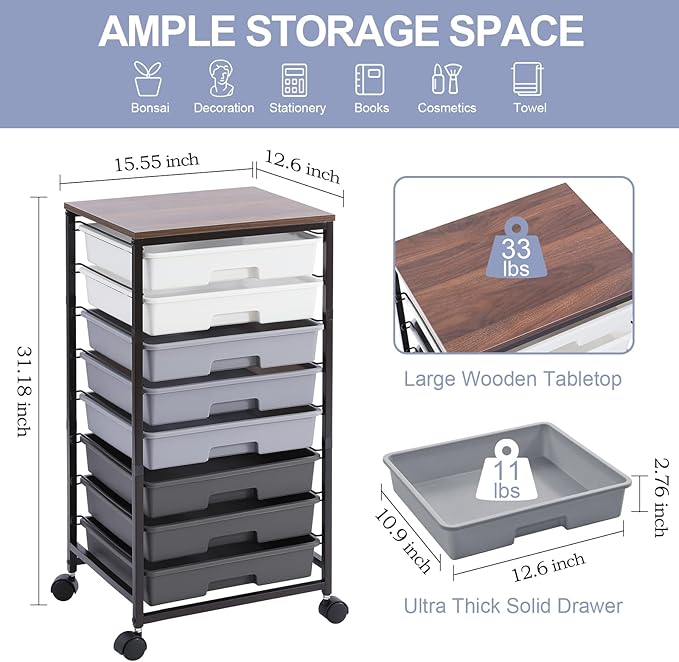Rolling Cart with Drawers,Utility Cart With 8 Drawers and Wooden Tabletop for Living Room,Classroom,Bedroom,Bathroom,Dorm,Office,Dark Grey