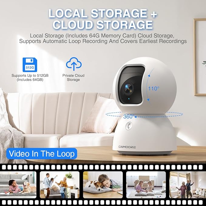 CINMOORE 3K Indoor Camera with 64GB Card, Human/Pet/Facial AI Detection, Dog/Cat/Pet Camera Indoor with Phone APP, 5GHz 2.4GHz Dual Band Wi-Fi 6, 360 Pan Tilt Auto Tracking, Night Vision, 2-Way Talk