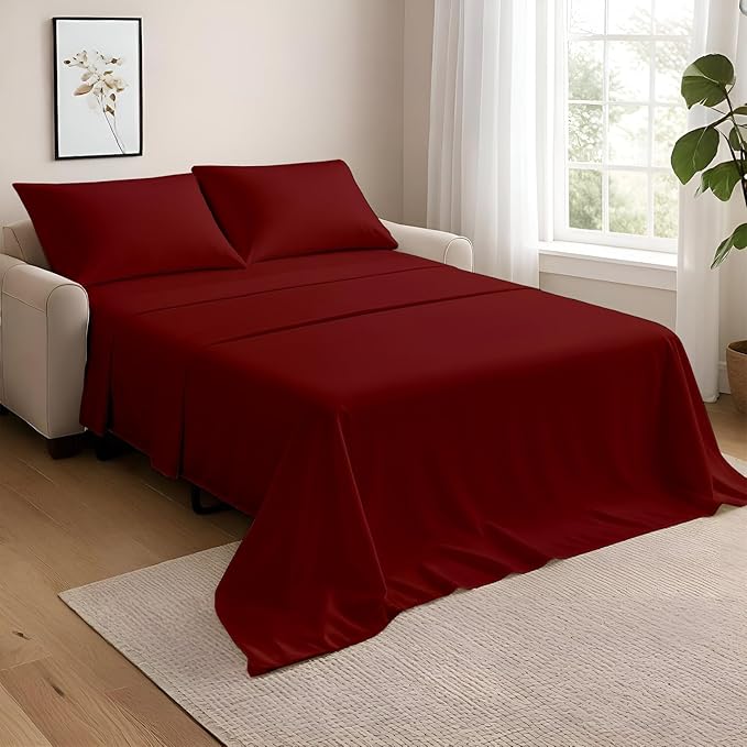 NON Sticky cotton Queen Size Sleeper Sofa Sheets, 4 Piece Egyptian Cotton Bed Sheet Set for Sofa Bed, 10" Deep Pocket for Pull Out Couch Mattress, 60" x 75", Burgundy Solid, Soft & Breathable