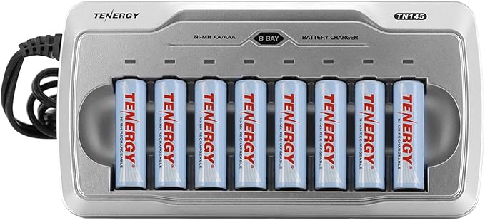 Tenergy TN145 8 Bay Charger and 8 Pack Rechargeable AA Batteries, Independent Charging, UL & CE Certified