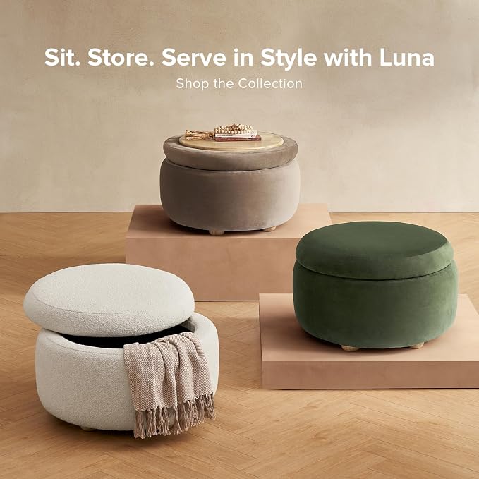 mopio Luna Round Ottoman with Storage and Tray, Round Coffee Table with Storage - Image 9